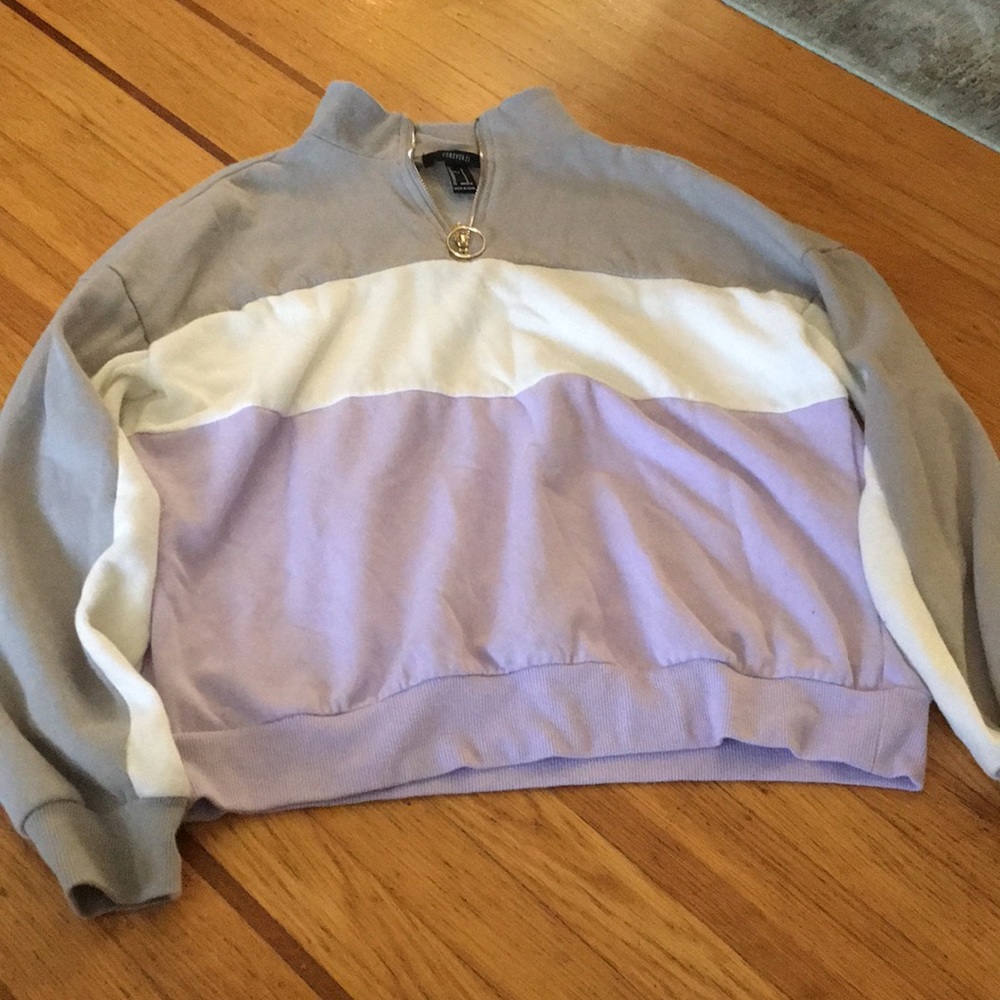 GRAY, WHITE, AND PURPLE QUARTER-ZIP SWEATSHIRT